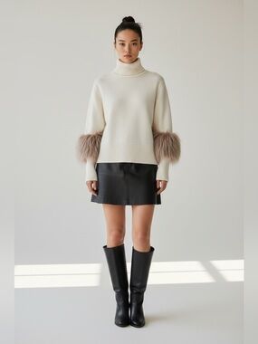 Saks Fifth Avenue Faux Fur Cuff Turtleneck Sweater XS